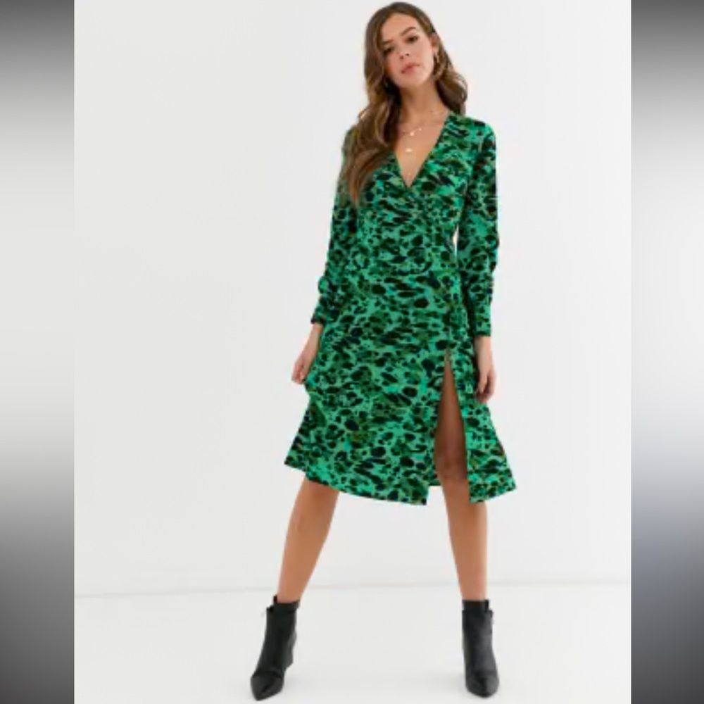Influence ASOS midi green leopard dress